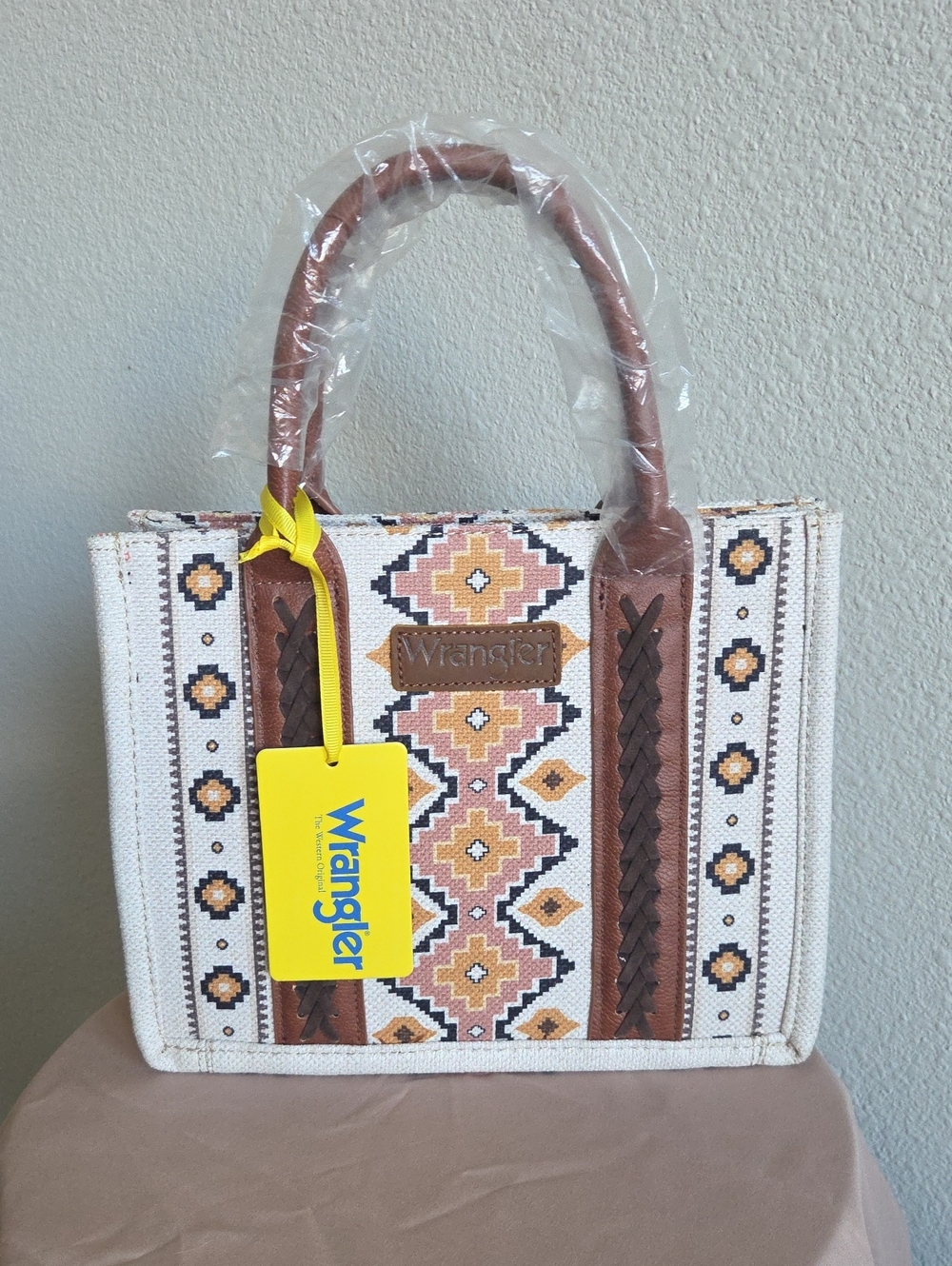 Wrangler Cream & Brown Geometric Canvas Tote